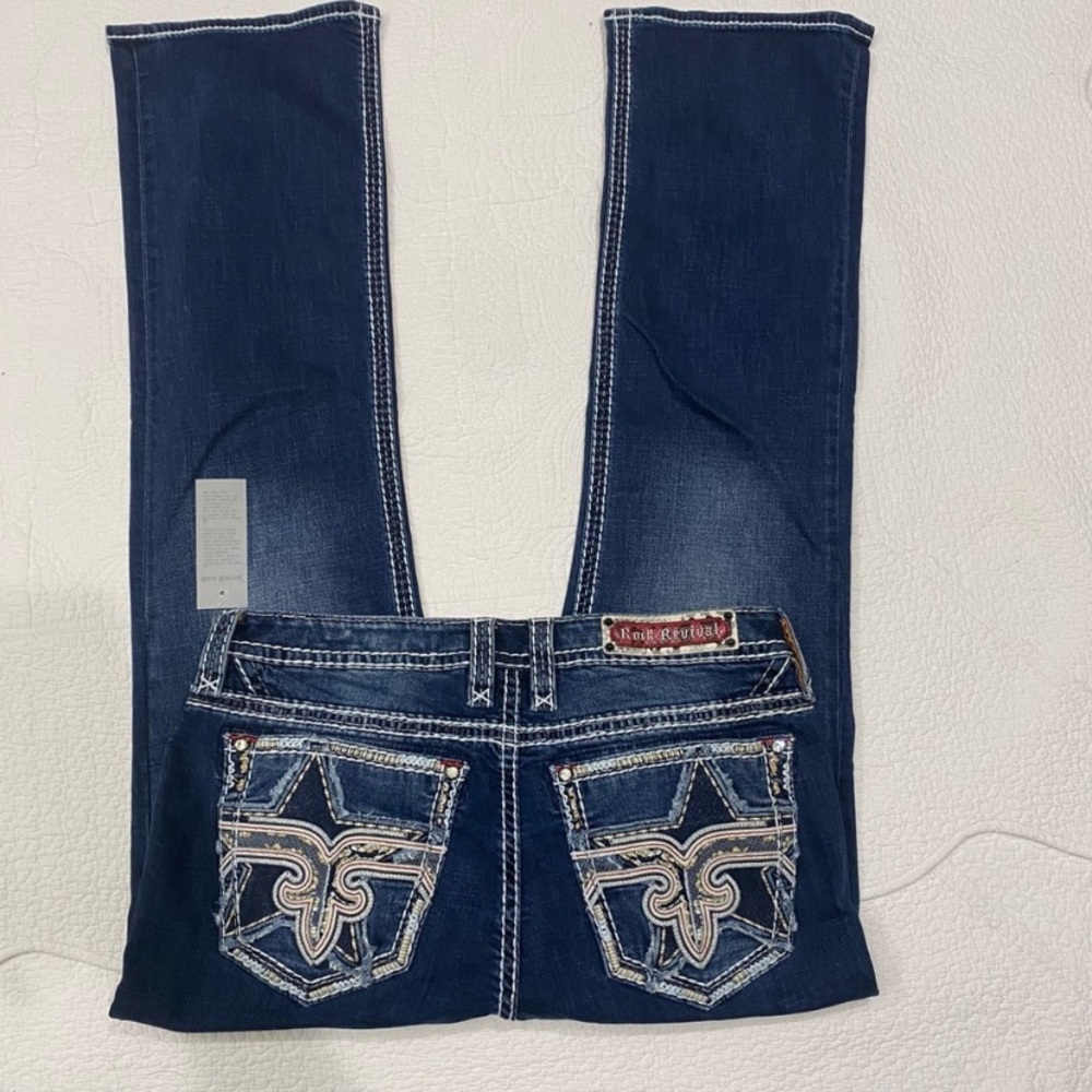 Rock Revival Blue Boot Cut Jeans with Intricate Stitching Size 36